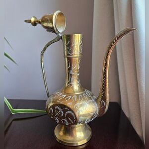 Vintage Etched Brass Indian Aftaba Ewer • Floral Engraved Tea Pot Pitcher